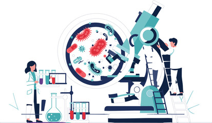 Scientists Using Microscope to Study Bacteria and Microorganisms in Laboratory Research with Medical Testing Equipment and Biotechnology Science Concept Vector Illustration © MDMAHADI