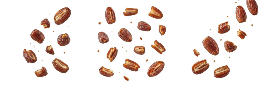 Flying and falling pieces of dried dates fruit isolated on white background