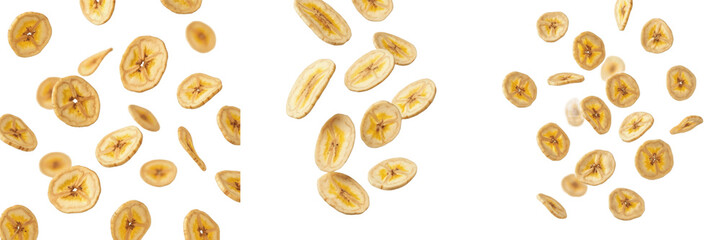 Falling and flying dried banana chips isolated on white background © Julian