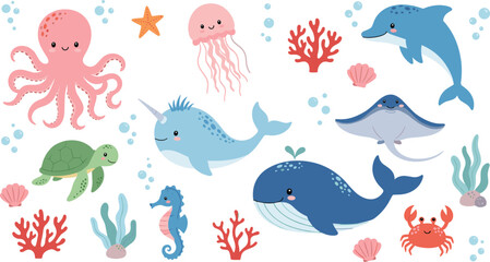 Large Collection of Cute Sea Animal Vector Characters Including Whale, Dolphin, Octopus, Stingray, Narwhal, Turtle, and Jellyfish for Kids Ocean Themed Nursery Designs © Mostrenu