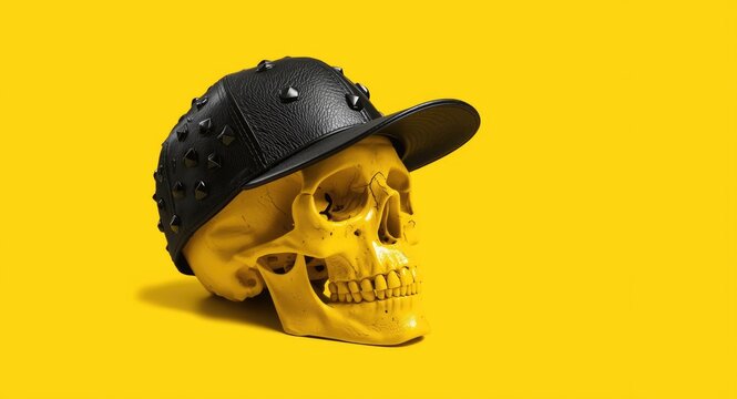 Vibrant yellow background highlighting a yellow skull wearing a studded black leather baseball cap