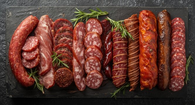 Top perspective of assorted smoked sausage, salami, and cured meats with rosemary and spices on black stone