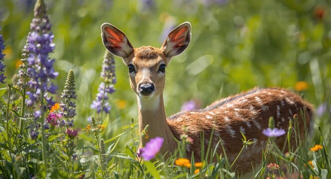 Sunny summer afternoon with a curious young deer surrounded by blooming flowers