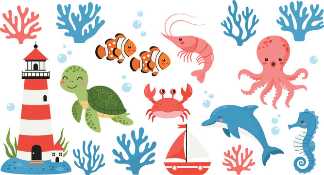Nautical Sea Life Vector Set Featuring Lighthouse, Sailboat, Sea Turtle, Dolphin, Clownfish, and Colorful Coral Reef Elements for Marine Theme Nursery Designs