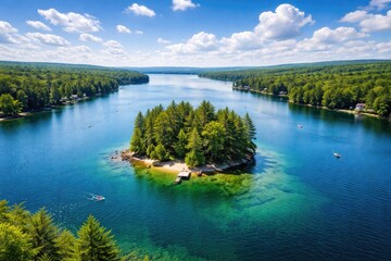 Fototapeta premium Aerial view of a bright summer day over a peaceful lake with a small island