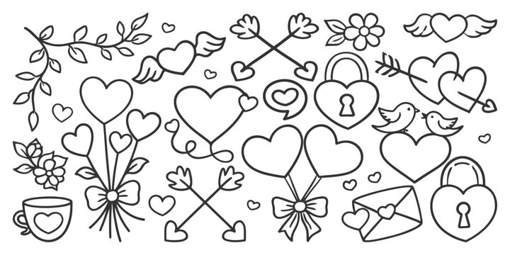 Doodle Love Elements. Hearts, Arrows, Locks, Birds, Flowers, and Leaves