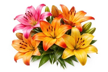 Obraz premium Bright lily flowers in pink orange and yellow shades isolated on white background