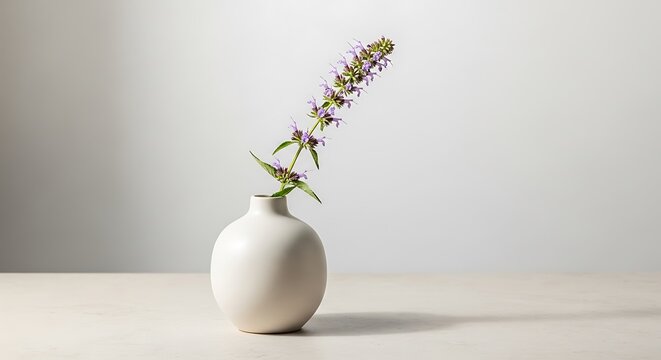 A single stem of fragrant agastache flower in a minimalist white ceramic bud vase isolated on a neutral beige background for modern interior design