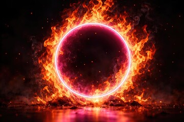 Fototapeta premium Burning Fire Surrounding Vibrant Pink Neon Ring in Dark Setting