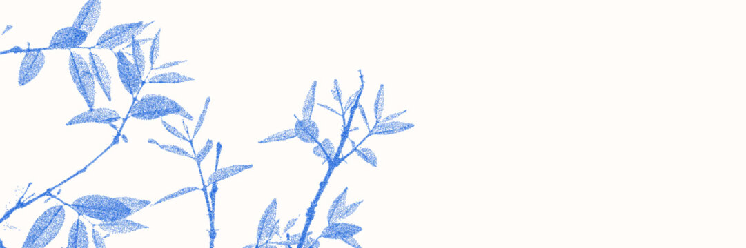 Cyanotype halftone overlay texture bg with leaves silhouettes. Vector soft blue wallpaper for template, graphic design projects, artworks