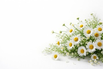 Fototapeta premium Delicate chamomile daisy floral arrangement with white background and copy space