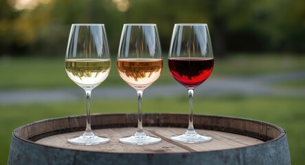 Fototapeta premium Three elegant wine glasses showcasing white, rosÃ©, and red wine on a barrel outdoors