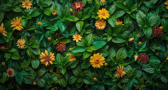 Lush abstract floral painting with summer flowers blooming and bright green leaves forming a joyful background