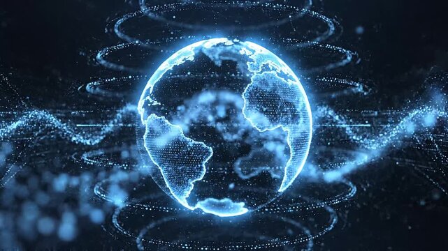 Futuristic video footage of glowing digital Earth sphere with interconnected points lines and circular energy waves symbolizing global network connectivity