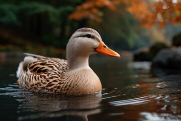 Fototapeta premium Duck swimming in calm water, side view of wild duck in natural pond with soft autumn background