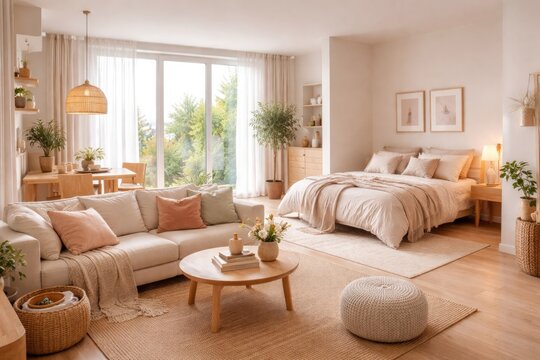 Spacious Scandinavian studio apartment with bright interior and warm pastel tones