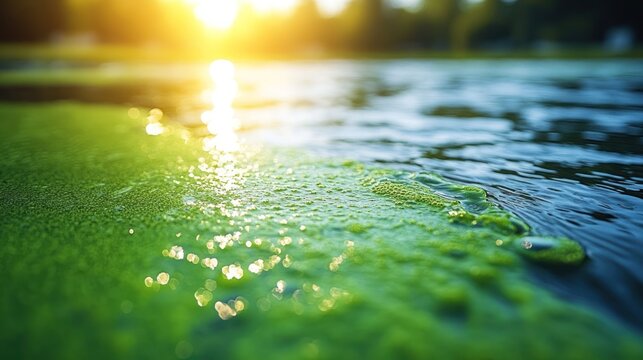 Green algae on water's edge at sunset