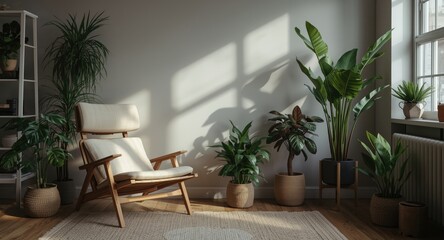 Fototapeta premium Trendy living room interior featuring wooden lounge chair and decorative indoor plants