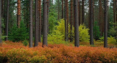 Obraz premium tall forest trees surrounded by bright and varied plant colors