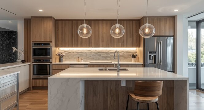 Modern kitchen with illuminated stone backsplash and clean, open layout
