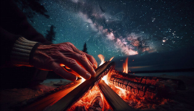 A moment of solitary reflection while camping: hands stoking a campfire under a starry sky, Ai generated image