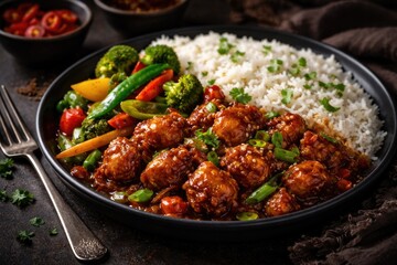 Indian Chinese style Chicken Manchurian with basmati rice and mixed vegetables on dark backdrop