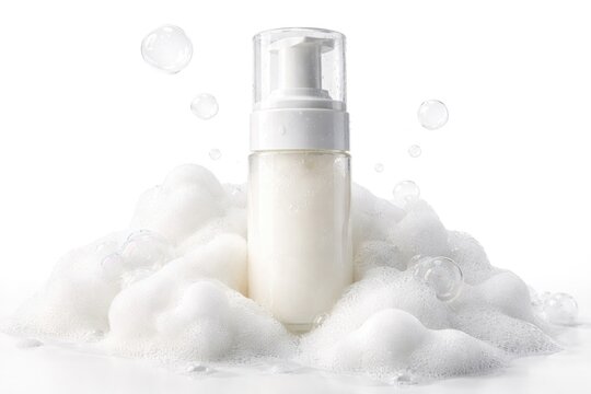 Foamy Skincare Cleanser Pump Bottle Surrounded by Soap Bubbles Isolated on White