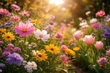 Fototapeta premium Beautiful springtime flowers blooming in a sunny garden