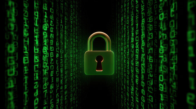 Digital lock green code data security cyber security encryption access control password protection secret code network protection private data
