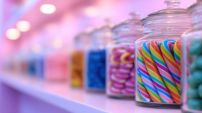 A vibrant display of colorful candies in glass jars under soft pink lighting on a shelf