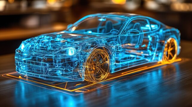 Holographic car design, glowing blue and orange lines