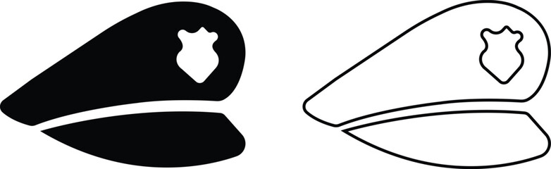 Police officer hat icon set in flat, outline styles. Military and security uniform cap silhouettes collection, law enforcement headwear vectors for authority design isolated on transparent background.