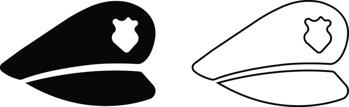 Police officer hat icon set in flat, outline styles. Military and security uniform cap silhouettes collection, law enforcement headwear vectors for authority design isolated on transparent background.