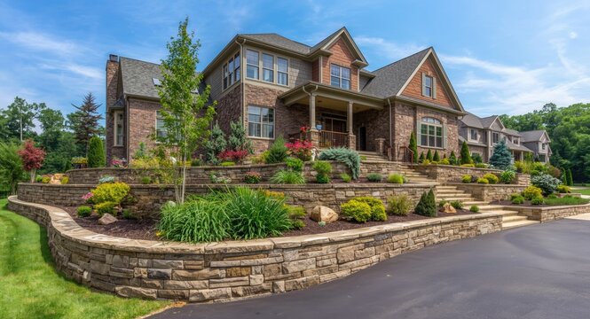Upscale exterior home design featuring terraced garden beds with stone retaining walls and colorful landscaping