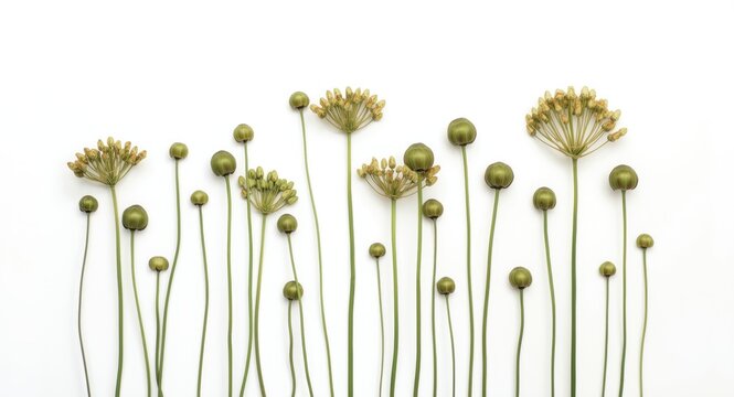Minimalist display of Acmella oleracea buds and stems on a uniform white backdrop