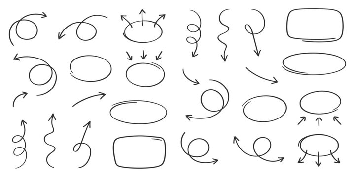 Hand-Drawn Arrows and Shapes Collection, Isolated on White Background