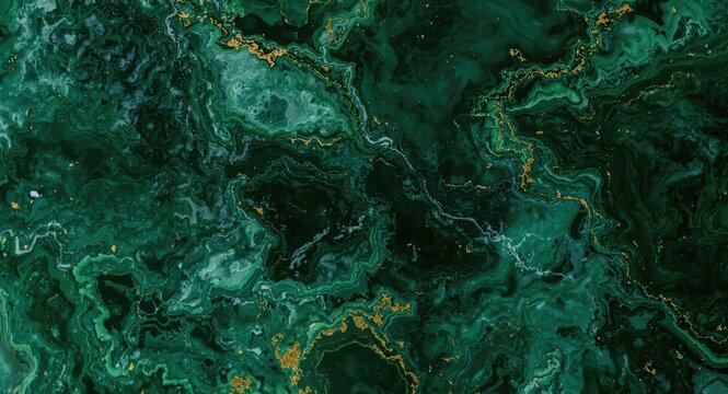 Green agate stone texture background featuring flowing patterns and gold vein details with copy space