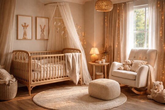 Cozy baby room design with a stylish crib and plush armchair