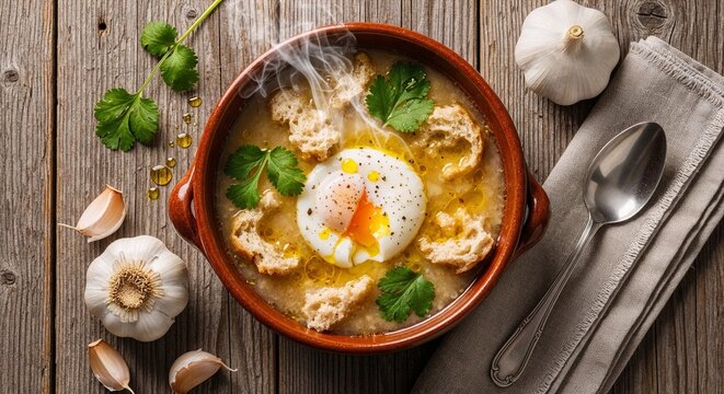 Portuguese a&ccedil;orda soup with poached egg and garlic broth in rustic ceramic bowl