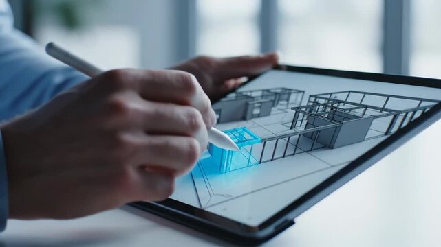Architect designing 3D building wireframe on digital tablet with stylus