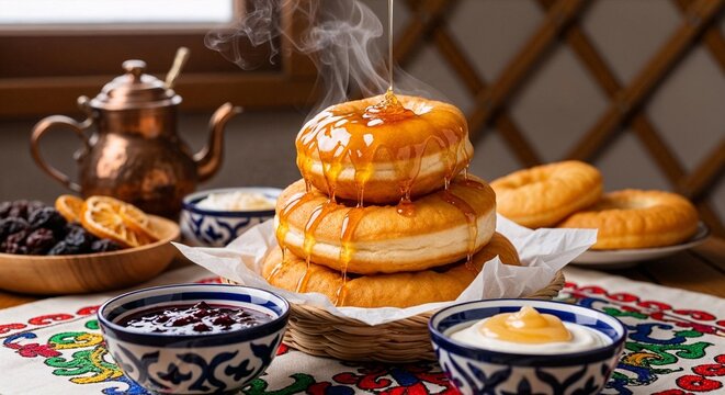 Kazakh baursak fried dough balls with warm honey drizzle