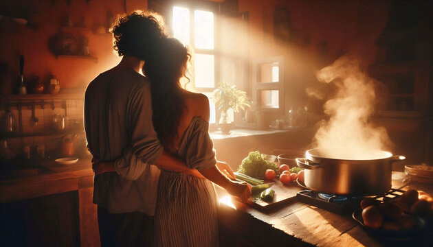 A tender, authentic moment of connection as a couple cooks together, Ai generated image