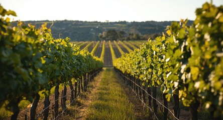 Fototapeta premium Thriving vineyard rows in lush fields during bright summer days
