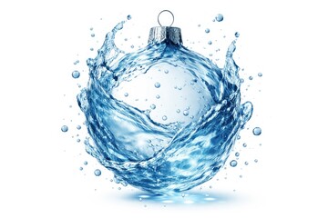 Blue water splash shaped Christmas ornament with bubbles on white background