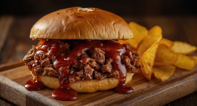 Satisfying chopped brisket sandwich with sweet and smoky BBQ sauce and crunchy chips