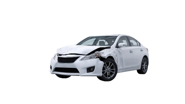 White sedan car wreck showing significant front end collision damage, ready for repair or salvage, with transparent background