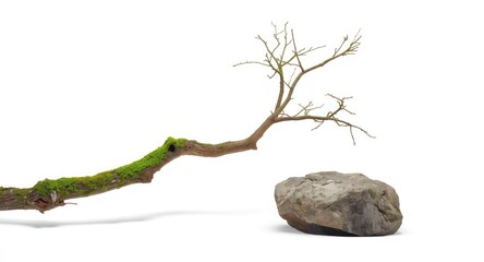 Fototapeta premium white minimal background featuring side view of moss laden rotting branch and stone