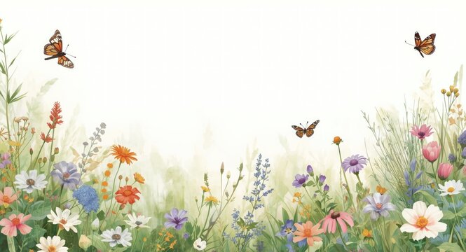 Wildflower and dragonfly butterfly watercolor border adding charm to summer meadow backgrounds for World Environment Day