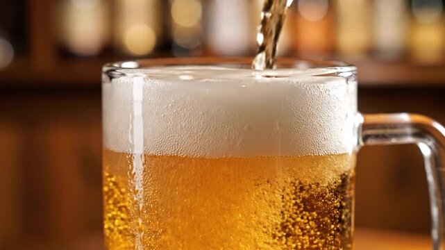 Golden amber liquid with frothy white foam is being poured into a clear glass mug, creating refreshing bubbles and a satisfying head