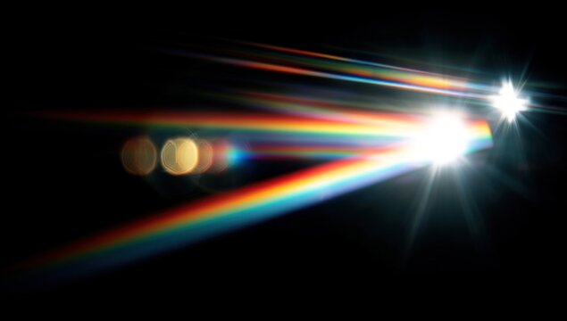 A vibrant display of light beams in a dark environment, showcasing rainbow colors and soft bokeh effects.